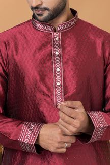 Picture of Awesome Maroon Mens Silk Designer Kurta and Churidar Set for Festive or Sangeet