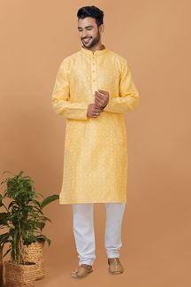 Picture of Vibrant Yellow Silk Mens Designer Kurta and Churidar Set for Festive or Haldi