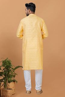 Picture of Vibrant Yellow Silk Mens Designer Kurta and Churidar Set for Festive or Haldi