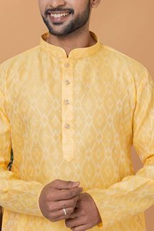 Picture of Vibrant Yellow Silk Mens Designer Kurta and Churidar Set for Festive or Haldi