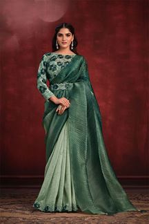 Picture of Splendid Green Half and Half Designer Saree for Wedding, Engagement, or Mehendi
