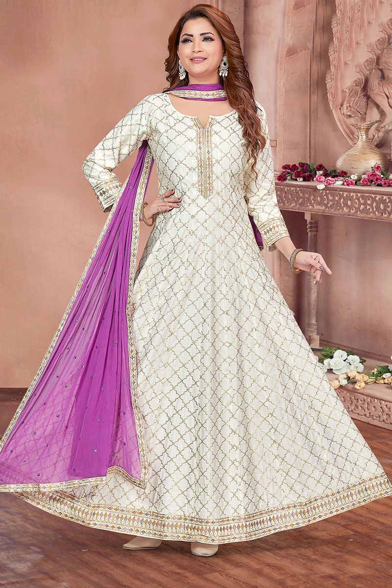 Latest Designer Georgette Embroidered Off White Anarkali Salwar Suit-F1361  at Rs 800 | Anarkali Suits in Surat | ID: 23585579888