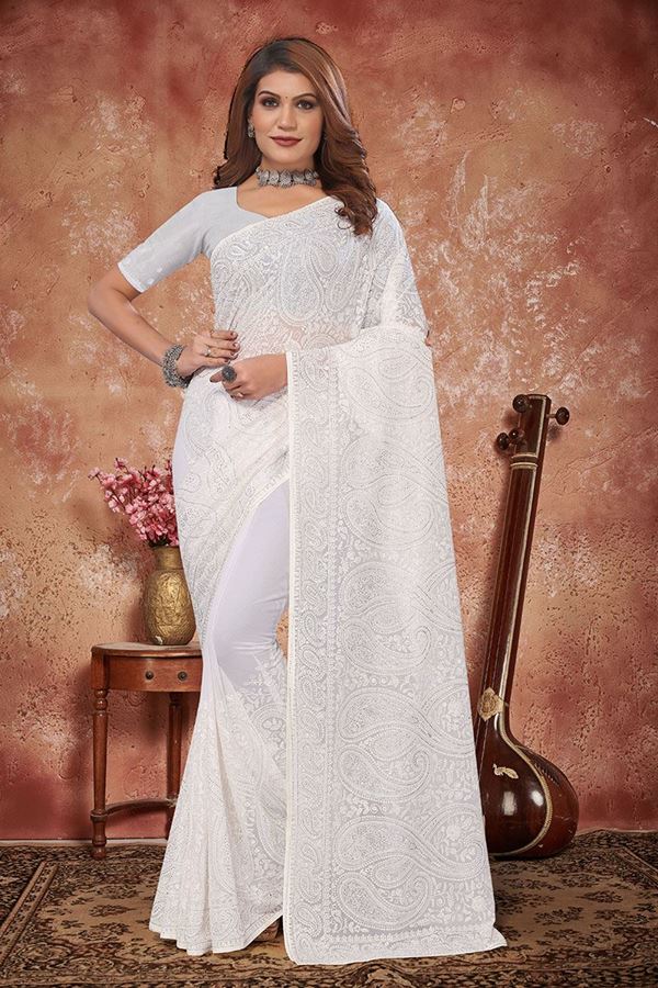 Picture of Heavenly White Georgette Designer Saree for Party and Festive
