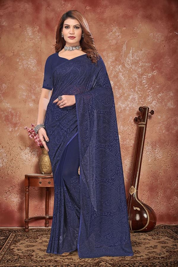 Picture of Astounding Navy Blue Georgette Designer Saree for Party and Sangeet