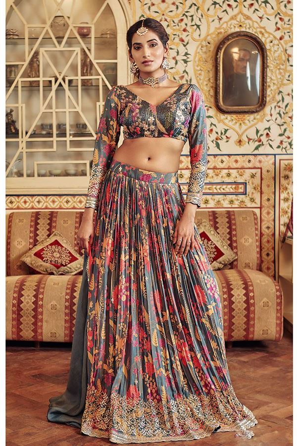 Picture of Lovely Grey Floral Printed Designer Indo-Western Lehenga Choli for Sangeet or Engagement