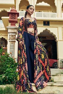 Picture of Artistic Navy Blue Designer Indo-Western Dress with Jacket for Sangeet and Party