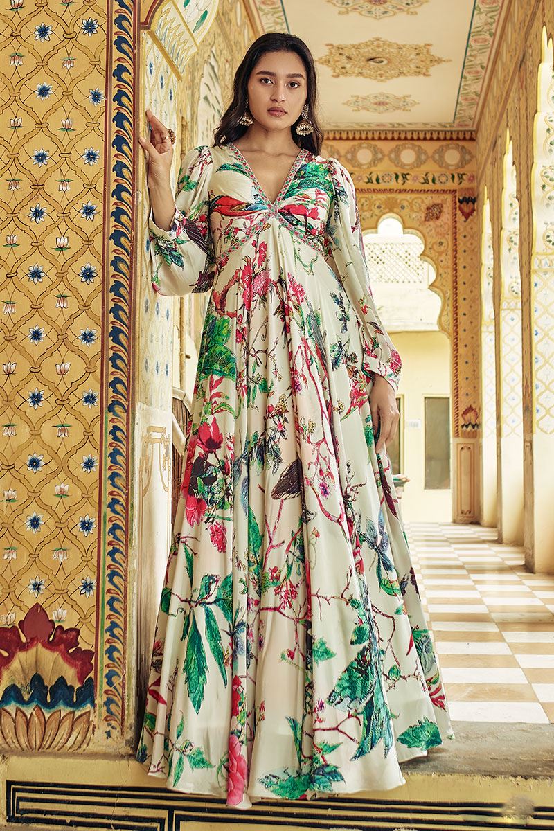 Ethnic White and Pink Designer Printed Gown, Floral, Semi-Stitched at Rs  1365/piece in Surat