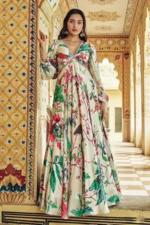 Picture of Astounding Cream Printed Designer Indo-Western Long Gown for Sangeet and Engagement