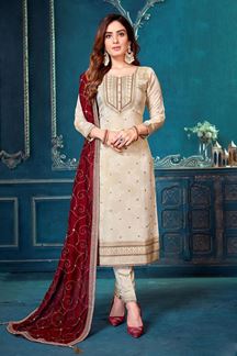 Picture of Charismatic Beige Silk Designer Straight-cut Salwar Suit for Wedding