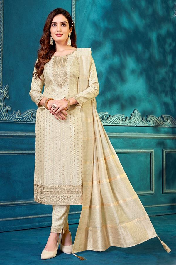 Picture of Smashing Cream Silk Designer Straight-cut Salwar Suit for Wedding and Engagement