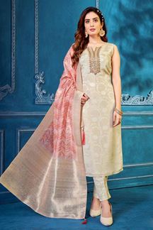 Picture of Spectacular Off-White Silk Designer Straight-cut Salwar Suit for Wedding and Engagement