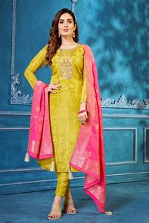Picture of Outstanding Yellow Silk Designer Straight-cut Salwar Suit for Festive or Haldi