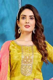 Picture of Outstanding Yellow Silk Designer Straight-cut Salwar Suit for Festive or Haldi