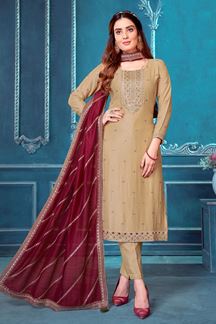 Picture of Fascinating Beige Silk Designer Straight-cut Salwar Suit for Festive occasions