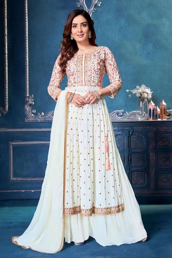 Picture of Creative White Georgette Designer Palazzo Suit for Wedding and Engagement