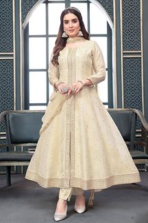 Picture of Bollywood Cream Silk Designer A-line Suit for Wedding and Engagement