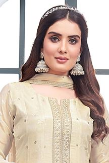 Picture of Bollywood Cream Silk Designer A-line Suit for Wedding and Engagement