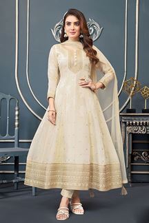 Picture of Dazzling Cream Silk Designer A-line Suit for Wedding and Engagement