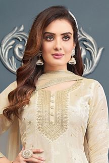 Picture of Dazzling Cream Silk Designer A-line Suit for Wedding and Engagement