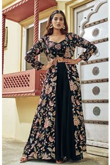 Picture of Outstanding Black Designer Indo-Western Suit with Long Jacket for Sangeet and Reception