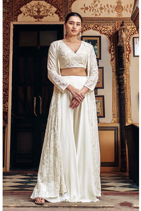 Picture of Spectacular Off White Designer Indo-Western Salwar Suit with Long Jacket for Sangeet and Engagement