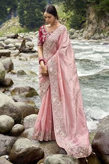 Picture of Surreal Peach Silk Designer Saree for Wedding, Engagement and Reception