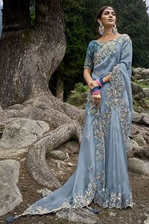 Picture of Beautiful Sky Blue Silk Designer Saree for Wedding, Engagement and Reception