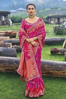 Picture of Traditional Pink Banarasi Silk Designer Saree for Wedding and Reception