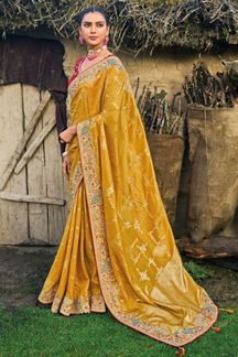 Picture of Creative Mustard Banarasi Silk Designer Saree for Wedding and Reception