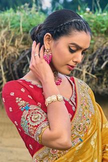 Picture of Creative Mustard Banarasi Silk Designer Saree for Wedding and Reception
