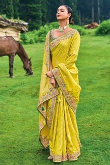 Picture of Fascinating Yellow Banarasi Silk Designer Saree for Wedding and Haldi