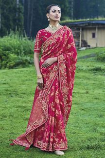 Picture of Outstanding Dark Pink Banarasi Silk Designer Saree for Wedding and Reception