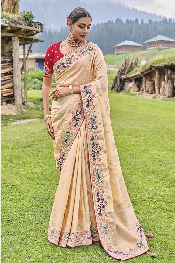 Picture of Smashing Cream Banarasi Silk Designer Saree for Wedding and Reception