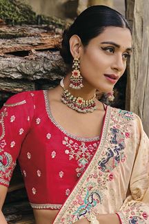 Picture of Smashing Cream Banarasi Silk Designer Saree for Wedding and Reception