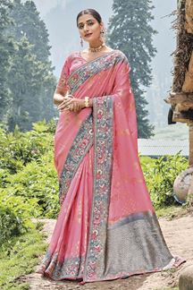 Picture of Captivating Pink Banarasi Silk Designer Saree for Wedding and Engagement