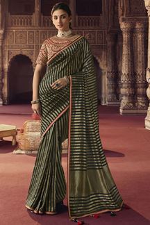 Picture of Lovely Dark Green and Red Colored Designer Saree