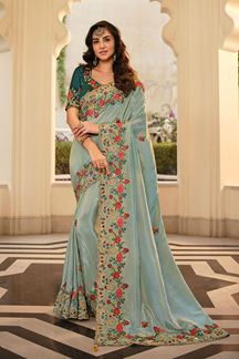 Picture of Delightful Mint Green and Teal Colored Designer Saree