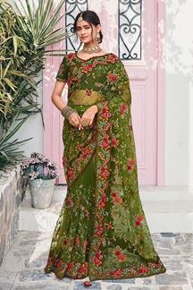 Picture of Fashionable Net Designer Saree for Wedding and Mehendi