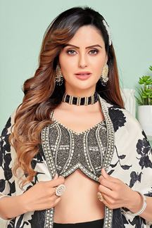 Picture of Dazzling Black and White Designer Indo-Western Outfit with Floral Printed Jacket for Sangeet and Reception