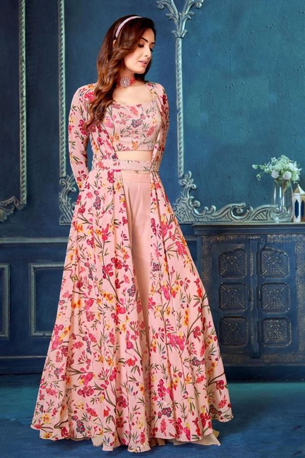 Picture of Vibrant Designer Indo-Western Outfit with Floral Printed Jacket for Engagement and Sangeet