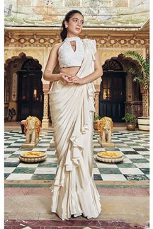Picture of Graceful Cream Designer Ready to Wear Saree with Ruffles for Engagement, Reception and Party