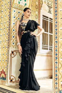 Picture of Stunning Black Designer Ready to Wear Saree with Ruffles for Sangeet and Reception 
