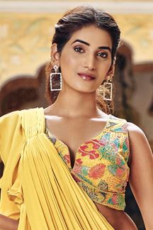 Picture of Trendy Yellow Designer Ready to Wear Saree with Ruffles for Haldi and Wedding
