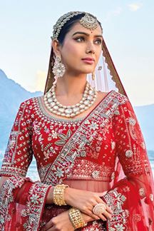 Picture of Spectacular Red Silk Designer Bridal Lehenga Choli for Wedding