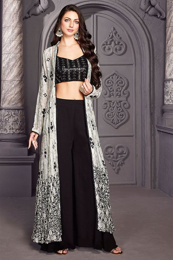 Picture of Fascinating Black and White Designer Indo-Western Suit for Sangeet, Haldi or Mehendi