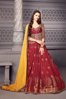 Picture of Charismatic Maroon Designer Indo-Western Lehenga Choli for Wedding and Reception