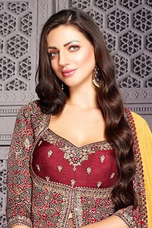 Picture of Charismatic Maroon Designer Indo-Western Lehenga Choli for Wedding and Reception