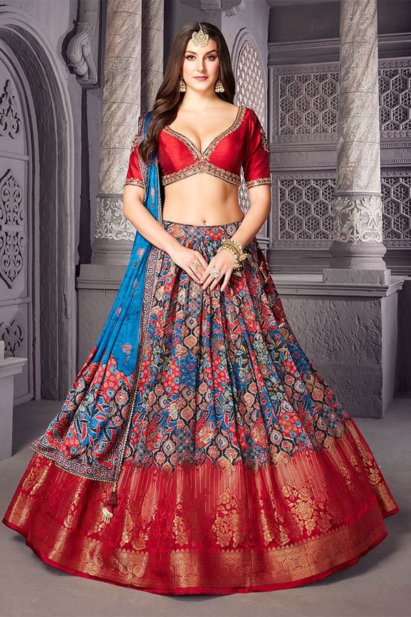 Picture of Ethnic Red and Blue Designer Indo-Western Lehenga Choli for Wedding and Reception