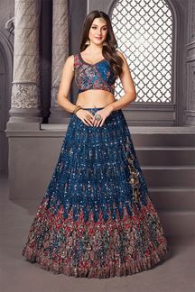Picture of Flamboyant Blue Designer Indo-Western Lehenga Choli for Wedding and Reception