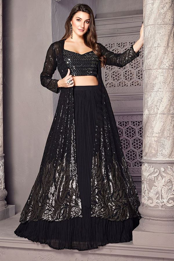 Picture of Smashing Black Indo-Western Lehenga Choli with Long Jacket for Sangeet and Reception